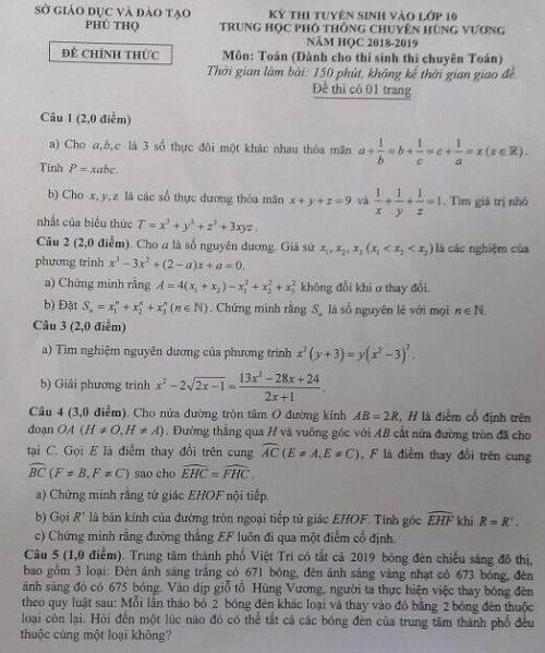 Đề thi tuyển sinh lớp 10 THPT năm học 2018 - 2019 môn toán chuyên Hùng Vương tỉnh Phú Thọ,Đề thi vào 10,Đề thi tuyển sinh lớp 10 THPT,Đề thi tuyển sinh lớp 10 THPT năm học 2018 – 2019,Đề thi vào 10 môn toán,Đề thi tuyển sinh lớp 10 THPT năm học 2018 - 2019 môn toán