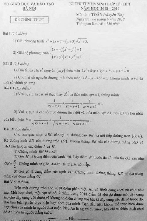 Đề thi tuyển sinh lớp 10 THPT năm học 2018 - 2019 môn toán (chuyên tin) TP Hà Nội,Đề thi vào 10,Đề thi tuyển sinh lớp 10 THPT,Đề thi tuyển sinh lớp 10 THPT năm học 2018 – 2019,Đề thi vào 10 môn toán,Đề thi tuyển sinh lớp 10 THPT năm học 2018 - 2019 môn toán