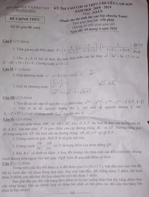 Đề thi tuyển sinh lớp 10 THPT năm học 2018 - 2019 môn toán chuyên toán Lam Sơn - tỉnh Thanh Hóa,Đề thi vào 10,Đề thi tuyển sinh lớp 10 THPT,Đề thi tuyển sinh lớp 10 THPT năm học 2018 – 2019,Đề thi vào 10 môn toán,Đề thi tuyển sinh lớp 10 THPT năm học 2018 - 2019 môn toán