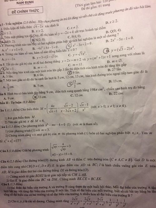 Đề thi tuyển sinh lớp 10 THPT năm học 2018 - 2019 môn toán tỉnh Nam Định,Đề thi vào 10,Đề thi tuyển sinh lớp 10 THPT,Đề thi tuyển sinh lớp 10 THPT năm học 2018 – 2019,Đề thi vào 10 môn toán,Đề thi tuyển sinh lớp 10 THPT năm học 2018 - 2019 môn toán