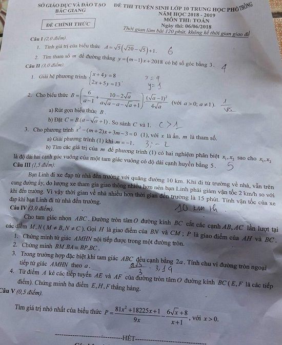 Đề thi tuyển sinh lớp 10 THPT năm học 2018 - 2019 môn toán tỉnh Bắc Giang,Đề thi vào 10,Đề thi tuyển sinh lớp 10 THPT,Đề thi tuyển sinh lớp 10 THPT năm học 2018 – 2019,Đề thi vào 10 môn toán,Đề thi tuyển sinh lớp 10 THPT năm học 2018 - 2019 môn toán