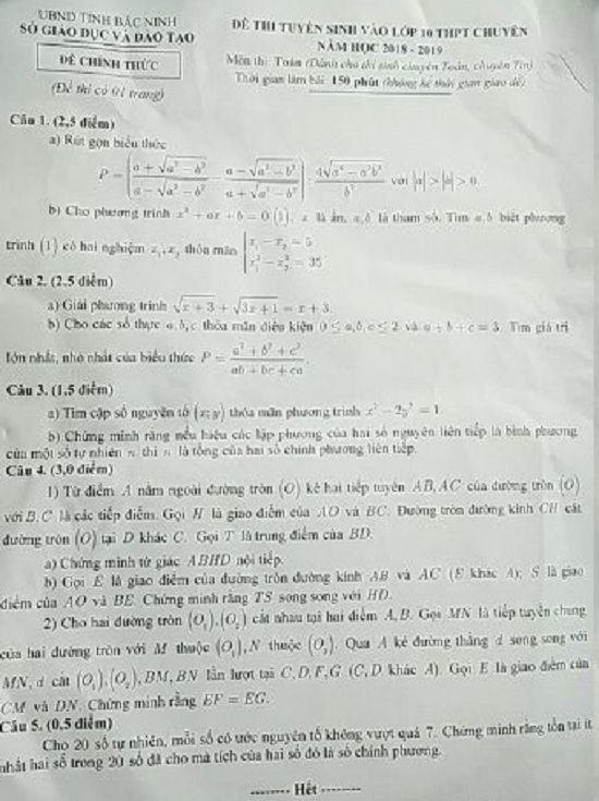 Đề thi tuyển sinh lớp 10 THPT năm học 2018 - 2019 môn toán chuyên tỉnh Bắc Ninh,Đề thi vào 10,Đề thi tuyển sinh lớp 10 THPT,Đề thi tuyển sinh lớp 10 THPT năm học 2018 – 2019,Đề thi vào 10 môn toán,Đề thi tuyển sinh lớp 10 THPT năm học 2018 - 2019 môn toán