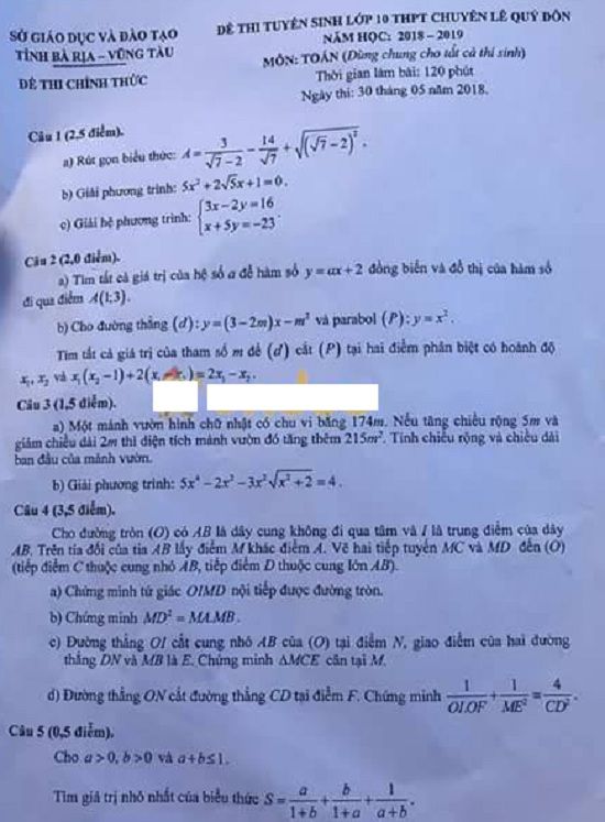 Đề thi tuyển sinh lớp 10 THPT năm học 2018 - 2019 môn toán Lê Quý Đôn - tỉnh Bà Rịa Vũng Tàu