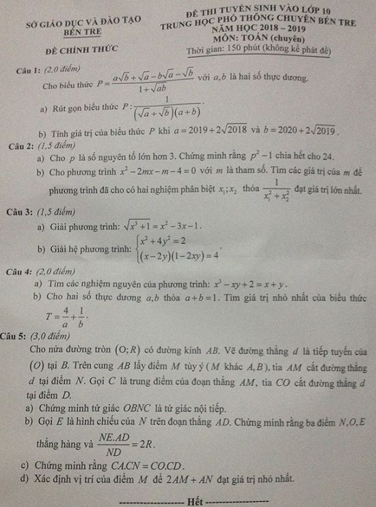 Đề thi tuyển sinh lớp 10 THPT năm học 2018 - 2019 môn toán chuyên tỉnh Bến Tre,
Đề thi vào 10,Đề thi tuyển sinh lớp 10 THPT,Đề thi tuyển sinh lớp 10 THPT năm học 2018 – 2019,Đề thi vào 10 môn toán,Đề thi tuyển sinh lớp 10 THPT năm học 2018 - 2019 môn toán