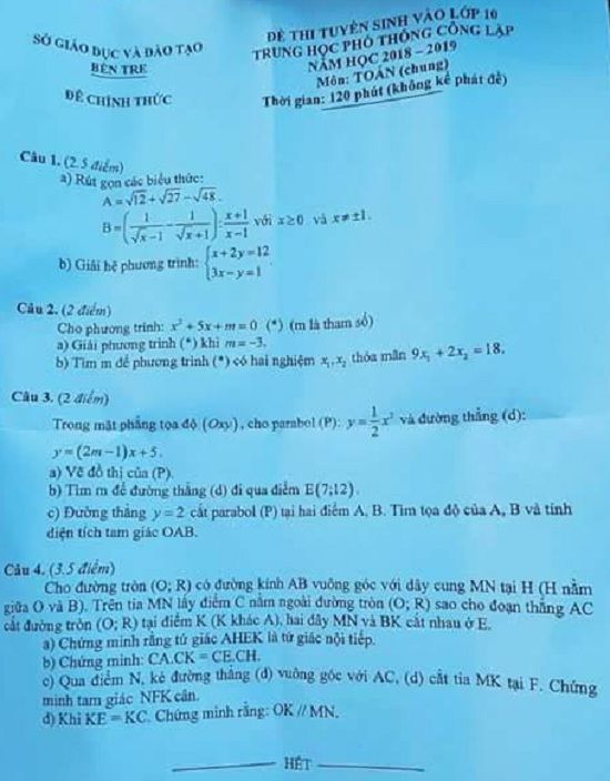 Đề thi tuyển sinh lớp 10 THPT năm học 2018 - 2019 môn toán tỉnh Bến Tre,Đề thi vào 10,Đề thi tuyển sinh lớp 10 THPT,Đề thi tuyển sinh lớp 10 THPT năm học 2018 – 2019,Đề thi vào 10 môn toán,Đề thi tuyển sinh lớp 10 THPT năm học 2018 - 2019 môn toán