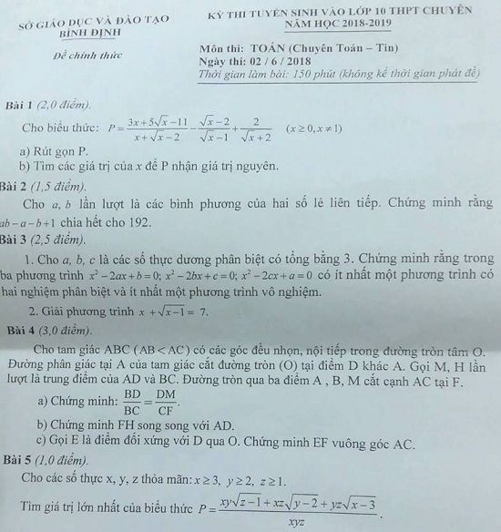 Đề thi tuyển sinh lớp 10 THPT năm học 2018 - 2019 môn toán (chuyên toán tin) tỉnh Bình Định,Đề thi vào 10,Đề thi tuyển sinh lớp 10 THPT,Đề thi tuyển sinh lớp 10 THPT năm học 2018 – 2019,Đề thi vào 10 môn toán,Đề thi tuyển sinh lớp 10 THPT năm học 2018 - 2019 môn toán