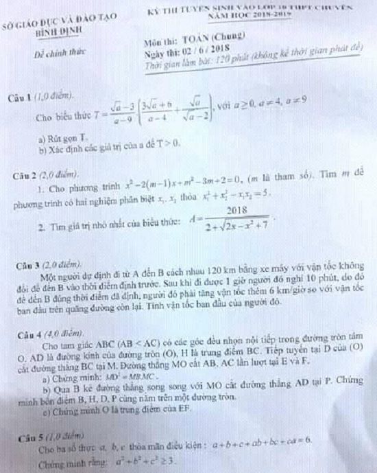 Đề thi tuyển sinh lớp 10 THPT năm học 2018 - 2019 môn toán trường chuyên tỉnh Bình Định,Đề thi vào 10,Đề thi tuyển sinh lớp 10 THPT,Đề thi tuyển sinh lớp 10 THPT năm học 2018 – 2019,Đề thi vào 10 môn toán,Đề thi tuyển sinh lớp 10 THPT năm học 2018 - 2019 môn toán