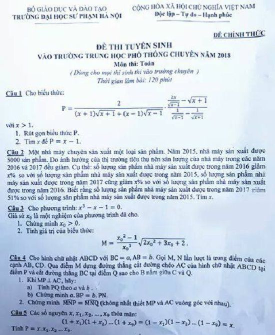 Đề thi tuyển sinh lớp 10 THPT năm học 2018 - 2019 môn toán trường chuyên Đại học sư phạm Hà Nội,Đề thi vào 10,Đề thi tuyển sinh lớp 10 THPT,Đề thi tuyển sinh lớp 10 THPT năm học 2018 – 2019,Đề thi vào 10 môn toán,Đề thi tuyển sinh lớp 10 THPT năm học 2018 - 2019 môn toán