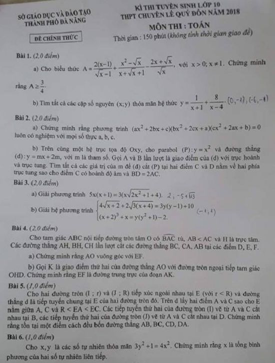 Đề thi tuyển sinh lớp 10 THPT năm học 2018 - 2019 môn toán trường chuyên Lê Quý Đôn TP Đà Nẵng,Đề thi vào 10,Đề thi tuyển sinh lớp 10 THPT,Đề thi tuyển sinh lớp 10 THPT năm học 2018 – 2019,Đề thi vào 10 môn toán,Đề thi tuyển sinh lớp 10 THPT năm học 2018 - 2019 môn toán