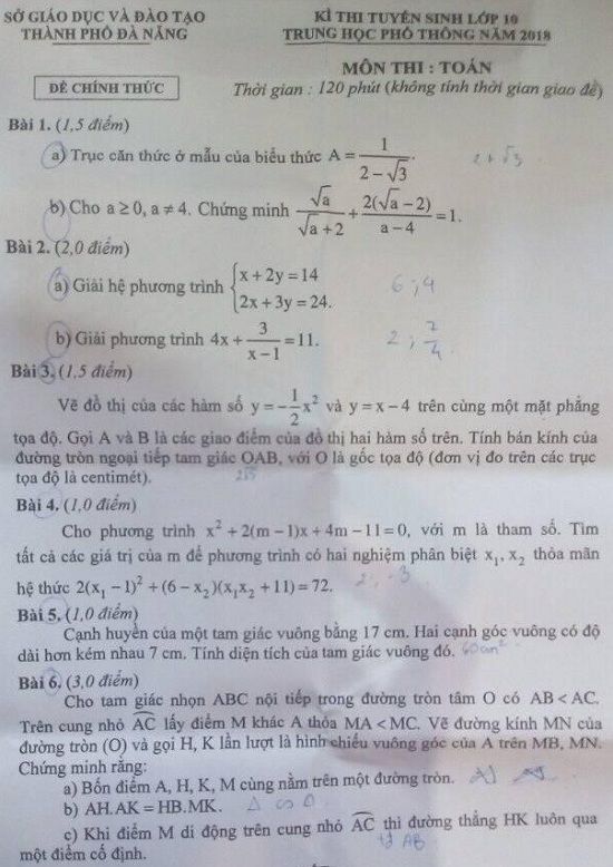 Đề thi tuyển sinh lớp 10 THPT năm học 2018 - 2019 môn toán Thành phố Đà Nẵng,Đề thi vào 10,Đề thi tuyển sinh lớp 10 THPT,Đề thi tuyển sinh lớp 10 THPT năm học 2018 – 2019,Đề thi vào 10 môn toán,Đề thi tuyển sinh lớp 10 THPT năm học 2018 - 2019 môn toán