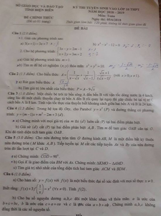 Đề thi tuyển sinh lớp 10 THPT năm học 2018 - 2019 môn toán trường tỉnh Điện Biên,Đề thi vào 10,Đề thi tuyển sinh lớp 10 THPT,Đề thi tuyển sinh lớp 10 THPT năm học 2018 – 2019,Đề thi vào 10 môn toán,Đề thi tuyển sinh lớp 10 THPT năm học 2018 - 2019 môn toán