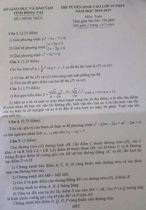 Đề thi tuyển sinh lớp 10 THPT năm học 2018 - 2019 môn toán trường tỉnh Đồng Nai,Đề thi vào 10,Đề thi tuyển sinh lớp 10 THPT,Đề thi tuyển sinh lớp 10 THPT năm học 2018 – 2019,Đề thi vào 10 môn toán,Đề thi tuyển sinh lớp 10 THPT năm học 2018 - 2019 môn toán