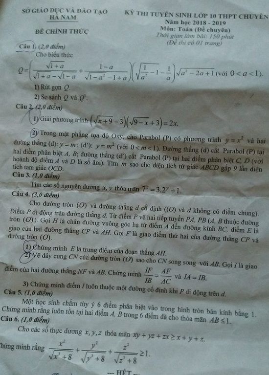 Đề thi tuyển sinh lớp 10 THPT năm học 2018 - 2019 môn toán chuyên tỉnh Hà Nam,Đề thi vào 10,Đề thi tuyển sinh lớp 10 THPT,Đề thi tuyển sinh lớp 10 THPT năm học 2018 – 2019,Đề thi vào 10 môn toán,Đề thi tuyển sinh lớp 10 THPT năm học 2018 - 2019 môn toán