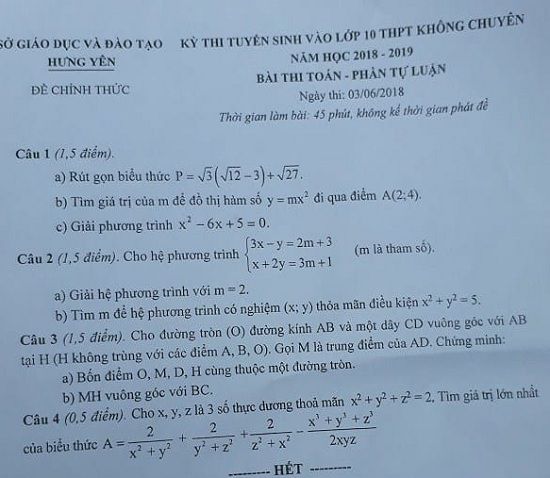 Đề thi tuyển sinh lớp 10 THPT năm học 2018 - 2019 môn toán trường tỉnh Hưng Yên,Đề thi vào 10,Đề thi tuyển sinh lớp 10 THPT,Đề thi tuyển sinh lớp 10 THPT năm học 2018 – 2019,Đề thi vào 10 môn toán,Đề thi tuyển sinh lớp 10 THPT năm học 2018 - 2019 môn toán