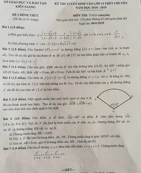 Đề thi tuyển sinh lớp 10 THPT năm học 2018 - 2019 môn toán trường tỉnh Kiên Giang,Đề thi vào 10,Đề thi tuyển sinh lớp 10 THPT,Đề thi tuyển sinh lớp 10 THPT năm học 2018 – 2019,Đề thi vào 10 môn toán,Đề thi tuyển sinh lớp 10 THPT năm học 2018 - 2019 môn toán