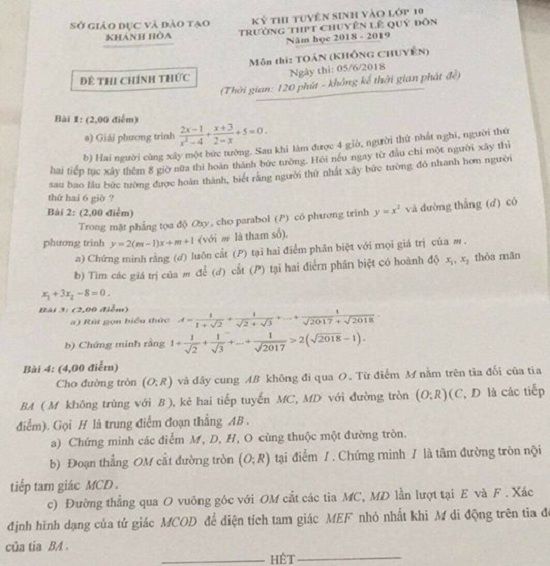 Đề thi tuyển sinh lớp 10 THPT năm học 2018 - 2019 môn toán trường chuyên Lê Quý Đôn - tỉnh Khánh Hòa,Đề thi vào 10,Đề thi tuyển sinh lớp 10 THPT,Đề thi tuyển sinh lớp 10 THPT năm học 2018 – 2019,Đề thi vào 10 môn toán,Đề thi tuyển sinh lớp 10 THPT năm học 2018 - 2019 môn toán