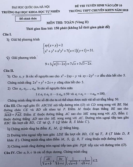 Đề thi tuyển sinh lớp 10 THPT năm học 2018 - 2019 môn toán vòng II trường chuyên KHTN - Hà Nội,Đề thi vào 10,Đề thi tuyển sinh lớp 10 THPT,Đề thi tuyển sinh lớp 10 THPT năm học 2018 – 2019,Đề thi vào 10 môn toán,Đề thi tuyển sinh lớp 10 THPT năm học 2018 - 2019 môn toán