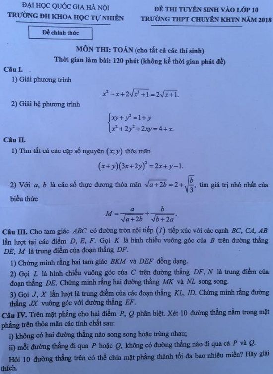 Đề thi tuyển sinh lớp 10 THPT năm học 2018 - 2019 môn toán trường chuyên KHTN Hà Nội,Đề thi vào 10,Đề thi tuyển sinh lớp 10 THPT,Đề thi tuyển sinh lớp 10 THPT năm học 2018 – 2019,Đề thi vào 10 môn toán,Đề thi tuyển sinh lớp 10 THPT năm học 2018 - 2019 môn toán
