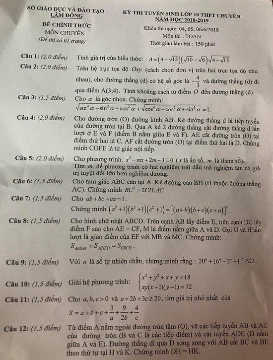 Đề thi tuyển sinh lớp 10 THPT năm học 2018 - 2019 môn toán chuyên tỉnh Lâm Đồng,Đề thi vào 10,Đề thi tuyển sinh lớp 10 THPT,Đề thi tuyển sinh lớp 10 THPT năm học 2018 – 2019,Đề thi vào 10 môn toán,Đề thi tuyển sinh lớp 10 THPT năm học 2018 - 2019 môn toán