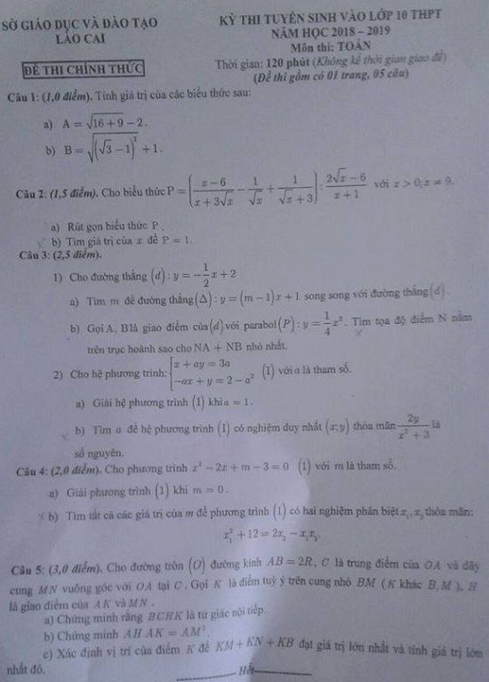 Đề thi tuyển sinh lớp 10 THPT năm học 2018 - 2019 môn toán tỉnh Lào Cai,Đề thi vào 10,Đề thi tuyển sinh lớp 10 THPT,Đề thi tuyển sinh lớp 10 THPT năm học 2018 – 2019,Đề thi vào 10 môn toán,Đề thi tuyển sinh lớp 10 THPT năm học 2018 - 2019 môn toán