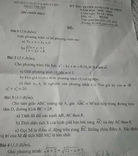 Đề thi tuyển sinh lớp 10 THPT năm học 2018 - 2019 môn toán tỉnh Ninh Thuận,Đề thi vào 10,Đề thi tuyển sinh lớp 10 THPT,Đề thi tuyển sinh lớp 10 THPT năm học 2018 – 2019,Đề thi vào 10 môn toán,Đề thi tuyển sinh lớp 10 THPT năm học 2018 - 2019 môn toán