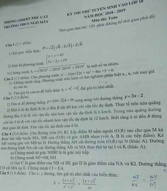 Đề thi thử tuyển sinh lớp 10 THPT năm học 2018 - 2019 môn toán trường Ngô Mây - Phú Cát,Đề thi vào 10,Đề thi tuyển sinh lớp 10 THPT,Đề thi tuyển sinh lớp 10 THPT năm học 2018 – 2019,Đề thi vào 10 môn toán,Đề thi tuyển sinh lớp 10 THPT năm học 2018 - 2019 môn toán