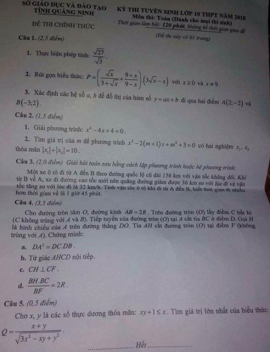 Đề thi tuyển sinh lớp 10 THPT năm học 2018 - 2019 môn toán tỉnh Quảng Ninh,Đề thi vào 10,Đề thi tuyển sinh lớp 10 THPT,Đề thi tuyển sinh lớp 10 THPT năm học 2018 – 2019,Đề thi vào 10 môn toán,Đề thi tuyển sinh lớp 10 THPT năm học 2018 - 2019 môn toán