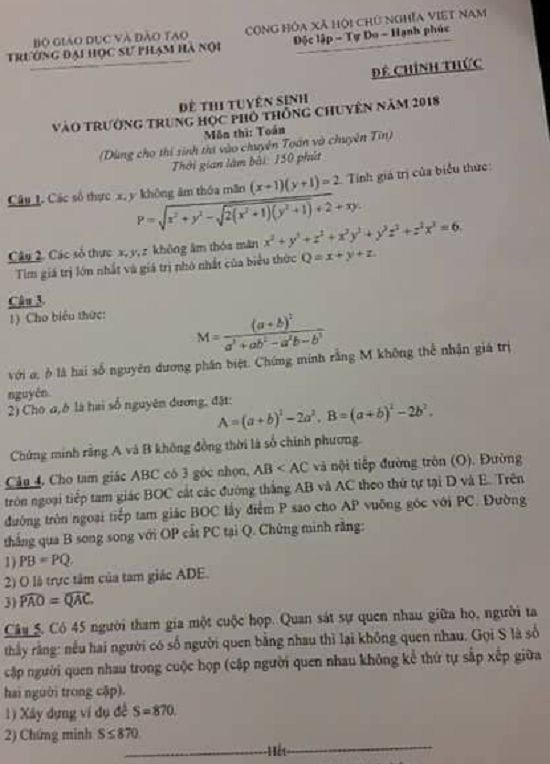 Đề thi tuyển sinh lớp 10 THPT năm học 2018 - 2019 môn toán chuyên trường Đại học sư phạm Hà Nội,Đề thi vào 10,Đề thi tuyển sinh lớp 10 THPT,Đề thi tuyển sinh lớp 10 THPT năm học 2018 – 2019,Đề thi vào 10 môn toán,Đề thi tuyển sinh lớp 10 THPT năm học 2018 - 2019 môn toán