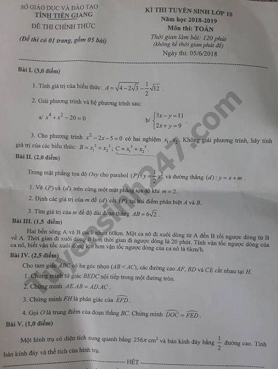 Đề thi tuyển sinh lớp 10 THPT năm học 2018 - 2019 môn toán tỉnh Tiền Giang,Đề thi vào 10,Đề thi tuyển sinh lớp 10 THPT,Đề thi tuyển sinh lớp 10 THPT năm học 2018 – 2019,Đề thi vào 10 môn toán,Đề thi tuyển sinh lớp 10 THPT năm học 2018 - 2019 môn toán