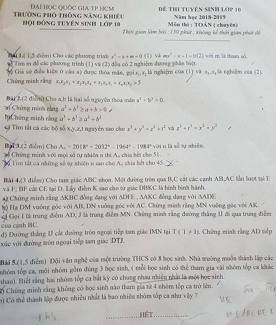 Đề thi tuyển sinh lớp 10 THPT năm học 2018 - 2019 môn toán trường THPT Năng Khiếu Thành phố Hồ Chí Minh,Đề thi vào 10,Đề thi tuyển sinh lớp 10 THPT,Đề thi tuyển sinh lớp 10 THPT năm học 2018 – 2019,Đề thi vào 10 môn toán,Đề thi tuyển sinh lớp 10 THPT năm học 2018 - 2019 môn toán