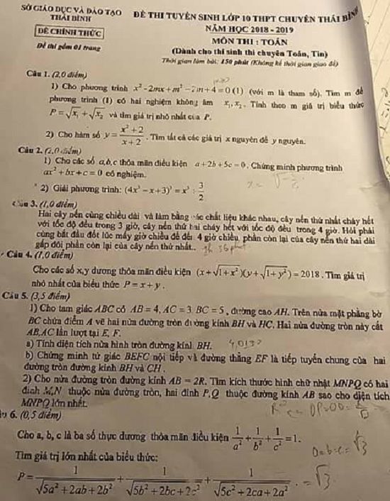 Đề thi tuyển sinh lớp 10 THPT năm học 2018 - 2019 môn toán chuyên tỉnh Thái Bình,Đề thi vào 10,Đề thi tuyển sinh lớp 10 THPT,Đề thi tuyển sinh lớp 10 THPT năm học 2018 – 2019,Đề thi vào 10 môn toán,Đề thi tuyển sinh lớp 10 THPT năm học 2018 - 2019 môn toán