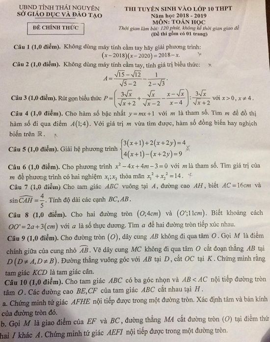 Đề thi tuyển sinh lớp 10 THPT năm học 2018 - 2019 môn toán tỉnh Thái Nguyên,Đề thi vào 10,Đề thi tuyển sinh lớp 10 THPT,Đề thi tuyển sinh lớp 10 THPT năm học 2018 – 2019,Đề thi vào 10 môn toán,Đề thi tuyển sinh lớp 10 THPT năm học 2018 - 2019 môn toán