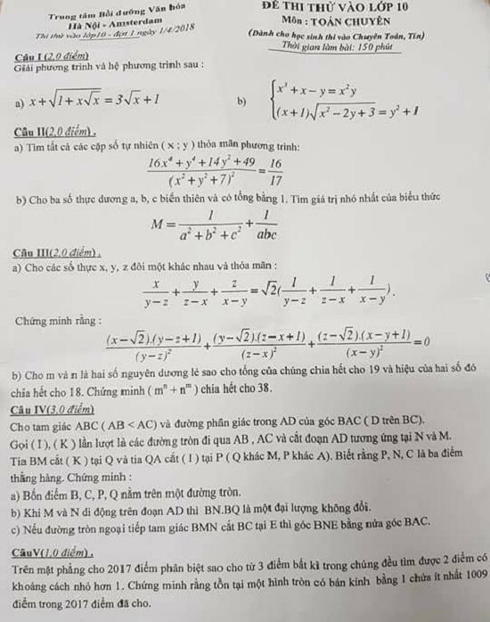 Đề thi thử tuyển sinh lớp 10 THPT năm học 2018 - 2019 môn toán trường Amsterdam – Hà Nội,Đề thi vào 10,Đề thi tuyển sinh lớp 10 THPT,Đề thi tuyển sinh lớp 10 THPT năm học 2018 – 2019,Đề thi vào 10 môn toán,Đề thi tuyển sinh lớp 10 THPT năm học 2018 - 2019 môn toán