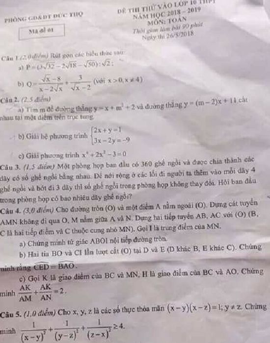 Đề thi thử tuyển sinh lớp 10 THPT năm học 2018 - 2019 môn toán phòng Đức Thọ - Hà Nội,Đề thi vào 10,Đề thi tuyển sinh lớp 10 THPT,Đề thi tuyển sinh lớp 10 THPT năm học 2018 – 2019,Đề thi vào 10 môn toán,Đề thi tuyển sinh lớp 10 THPT năm học 2018 - 2019 môn toán