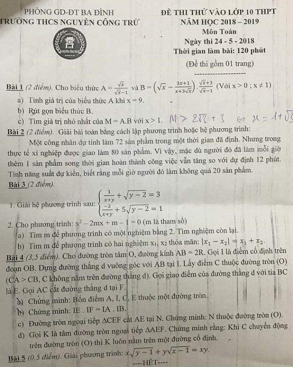 Đề thi thử tuyển sinh lớp 10 THPT năm học 2018 - 2019 môn toán trường Nguyễn Công Trứ - quận Ba Đình,Đề thi vào 10,Đề thi tuyển sinh lớp 10 THPT,Đề thi tuyển sinh lớp 10 THPT năm học 2018 – 2019,Đề thi vào 10 môn toán,Đề thi tuyển sinh lớp 10 THPT năm học 2018 - 2019 môn toán