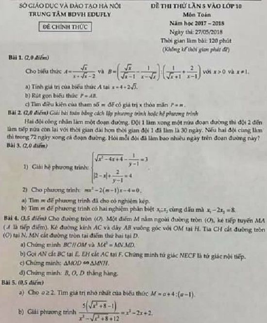 Đề thi thử tuyển sinh lớp 10 THPT năm học 2018 - 2019 môn toán trung tâm Edufly,Đề thi vào 10,Đề thi tuyển sinh lớp 10 THPT,Đề thi tuyển sinh lớp 10 THPT năm học 2018 – 2019,Đề thi vào 10 môn toán,Đề thi tuyển sinh lớp 10 THPT năm học 2018 - 2019 môn toán