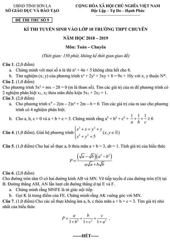 Đề thi tuyển sinh lớp 10 THPT năm học 2018 - 2019 môn toán chuyên tỉnh Sơn La,Đề thi vào 10,Đề thi tuyển sinh lớp 10 THPT,Đề thi tuyển sinh lớp 10 THPT năm học 2018 – 2019,Đề thi vào 10 môn toán,Đề thi tuyển sinh lớp 10 THPT năm học 2018 - 2019 môn toán