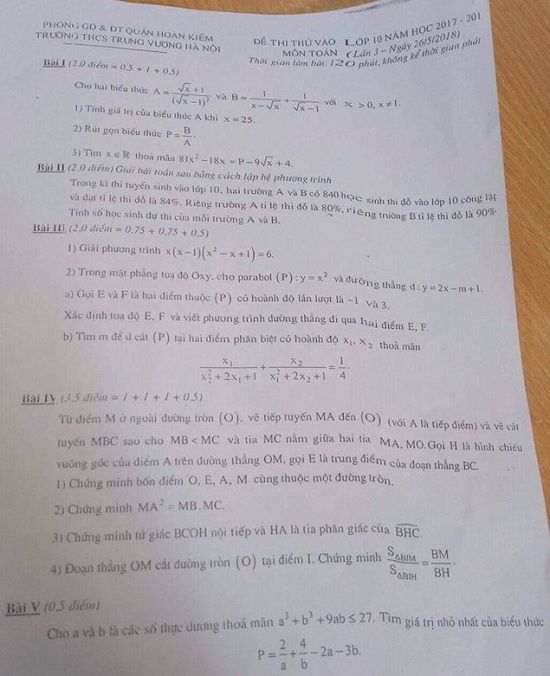 Đề thi thử tuyển sinh lớp 10 THPT năm học 2018 - 2019 môn toán trường Trưng Vương -Quận Hoàn Kiếm,Đề thi vào 10,Đề thi tuyển sinh lớp 10 THPT,Đề thi tuyển sinh lớp 10 THPT năm học 2018 – 2019,Đề thi vào 10 môn toán,Đề thi tuyển sinh lớp 10 THPT năm học 2018 - 2019 môn toán