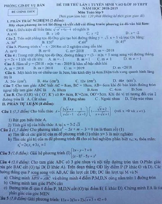 Đề thi thử tuyển sinh lớp 10 THPT năm học 2018 - 2019 môn toán Phòng giáo dục Vụ Bản,Đề thi vào 10,Đề thi tuyển sinh lớp 10 THPT,Đề thi tuyển sinh lớp 10 THPT năm học 2018 – 2019,Đề thi vào 10 môn toán,Đề thi tuyển sinh lớp 10 THPT năm học 2018 - 2019 môn toán