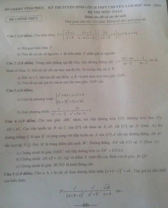 Đề thi tuyển sinh lớp 10 THPT năm học 2018 - 2019 môn toán chuyên tỉnh Vĩnh Phúc,Đề thi vào 10,Đề thi tuyển sinh lớp 10 THPT,Đề thi tuyển sinh lớp 10 THPT năm học 2018 – 2019,Đề thi vào 10 môn toán,Đề thi tuyển sinh lớp 10 THPT năm học 2018 - 2019 môn toán