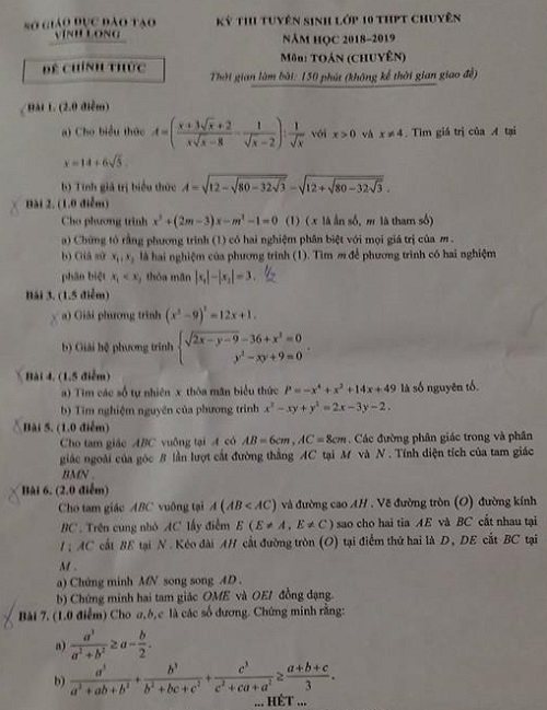 Đề thi tuyển sinh lớp 10 THPT năm học 2018 - 2019 môn toán chuyên tỉnh Vĩnh Long,Đề thi vào 10,Đề thi tuyển sinh lớp 10 THPT,Đề thi tuyển sinh lớp 10 THPT năm học 2018 – 2019,Đề thi vào 10 môn toán,Đề thi tuyển sinh lớp 10 THPT năm học 2018 - 2019 môn toán