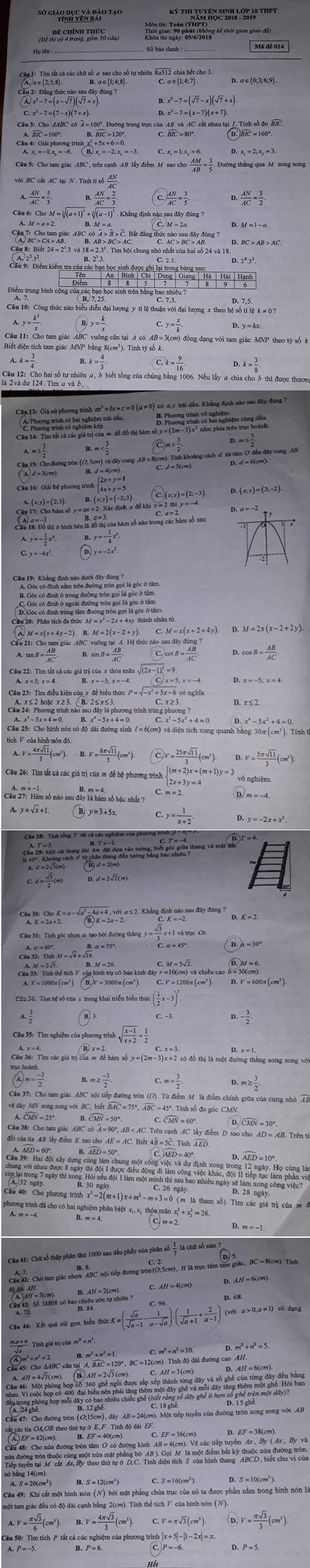 Đề thi tuyển sinh lớp 10 THPT năm học 2018 - 2019 môn toán tỉnh Yên Bái,Đề thi vào 10,Đề thi tuyển sinh lớp 10 THPT,Đề thi tuyển sinh lớp 10 THPT năm học 2018 – 2019,Đề thi vào 10 môn toán,Đề thi tuyển sinh lớp 10 THPT năm học 2018 - 2019 môn toán