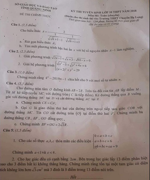 Đề thi tuyển sinh lớp 10 THPT năm học 2018 - 2019 môn toán chuyên tỉnh Quảng Ninh,Đề thi vào 10,Đề thi tuyển sinh lớp 10 THPT,Đề thi tuyển sinh lớp 10 THPT năm học 2018 – 2019,Đề thi vào 10 môn toán,Đề thi tuyển sinh lớp 10 THPT năm học 2018 - 2019 môn toán