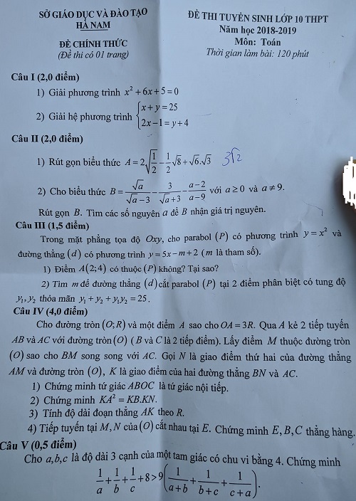 Đề thi tuyển sinh lớp 10 THPT năm học 2018 - 2019 môn toán tỉnh Hà Nam,Đề thi vào 10,Đề thi tuyển sinh lớp 10 THPT,Đề thi tuyển sinh lớp 10 THPT năm học 2018 – 2019,Đề thi vào 10 môn toán,Đề thi tuyển sinh lớp 10 THPT năm học 2018 - 2019 môn toán