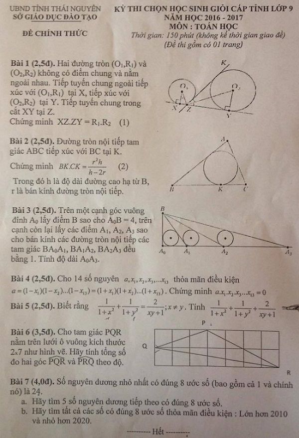 Đề thi học sinh giỏi lớp 9 - 2017 - Môn Toán - Tỉnh Thái Nguyên,Đề thi học sinh giỏi lớp 9 môn Toán,Đề thi học sinh giỏi lớp 9,Đề thi học sinh giỏi