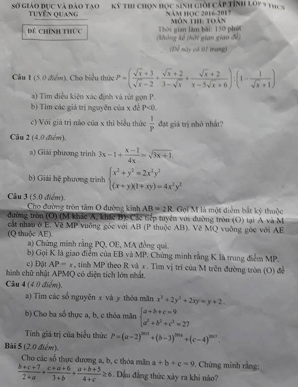 Đề thi học sinh giỏi lớp 9 - 2017 - Môn Toán - Tỉnh Tuyên Quang,Đề thi học sinh giỏi lớp 9 môn Toán,Đề thi học sinh giỏi lớp 9,Đề thi học sinh giỏi