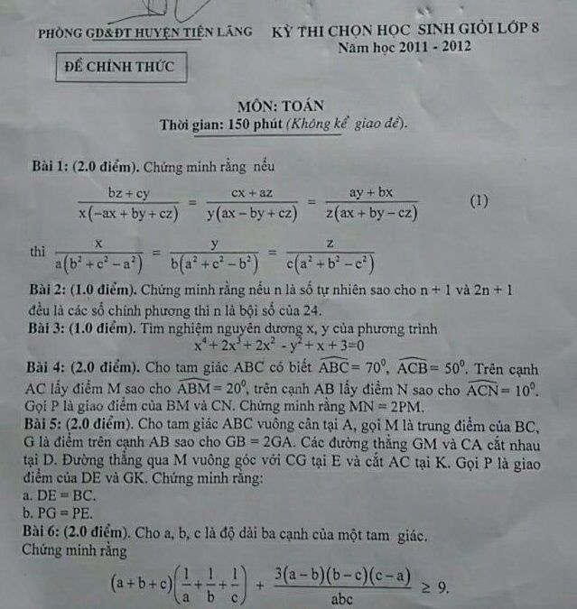 Đề thi học sinh giỏi lớp 8 - huyện Tiên Lãng - Hải Phòng,Đề thi học sinh giỏi lớp 8 môn Toán,Đề thi học sinh giỏi lớp 8,Đề thi học sinh giỏi