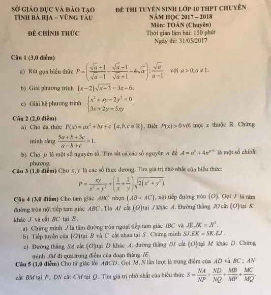 Đề thi tuyển sinh Lớp 10 THPT Chuyên - 2017 - Môn Toán - Tỉnh Bà Rịa - Vũng Tàu,Đề thi vào 10,đề thi tuyển sinh vào 10,đề thi tuyển sinh trung học phổ thông lớp 10,đề thi tuyển sinh lớp 10 Tỉnh Bà Rịa - Vũng Tàu