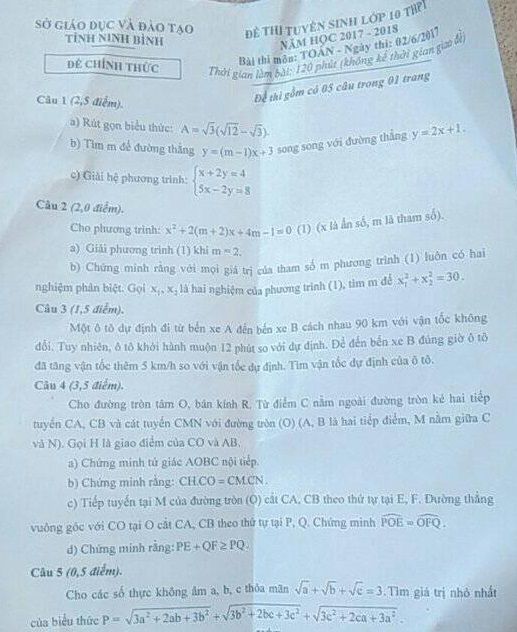 Đề thi tuyển sinh Lớp 10 THPT - Môn toán 2017 - Tỉnh Ninh Bình,Đề thi vào 10,đề thi tuyển sinh vào 10,đề thi tuyển sinh trung học phổ thông lớp 10,đề thi tuyển sinh lớp 10 tỉnh Ninh Bình