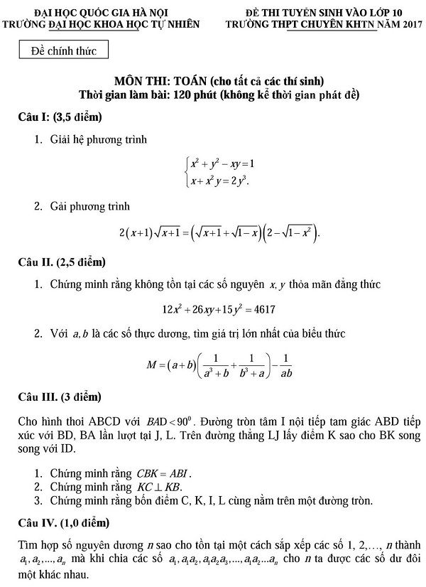 Đề thi tuyển sinh Lớp 10 trường THPT Chuyên Khoa học Tự nhiên Hà Nội năm 2017,Đề thi vào 10,đề thi tuyển sinh vào 10,đề thi tuyển sinh trung học phổ thông lớp 10,đề thi tuyển sinh lớp 10 đại học khoa học tự nhiên Hà Nội